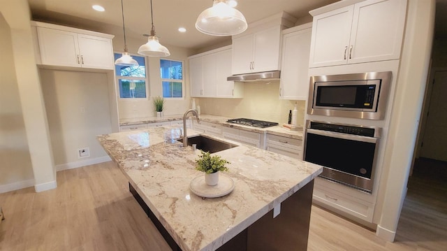 29030 Crystal Spings Ct, Coarsegold, CA 93614 - kitchen featuring light wood finished floors, a sink, under cabinet range hood, and appliances with stainless steel finishes