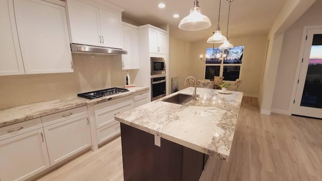 29030 Crystal Spings Ct, Coarsegold, CA 93614 - kitchen with under cabinet range hood, a sink, light wood-type flooring, and appliances with stainless steel finishes
