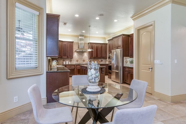 dining room featuring light tile patterned floors, recessed lighting, baseboards, and crown molding