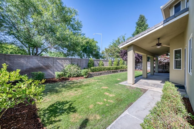 view of yard featuring a patio area, a fenced backyard, and ceiling fan