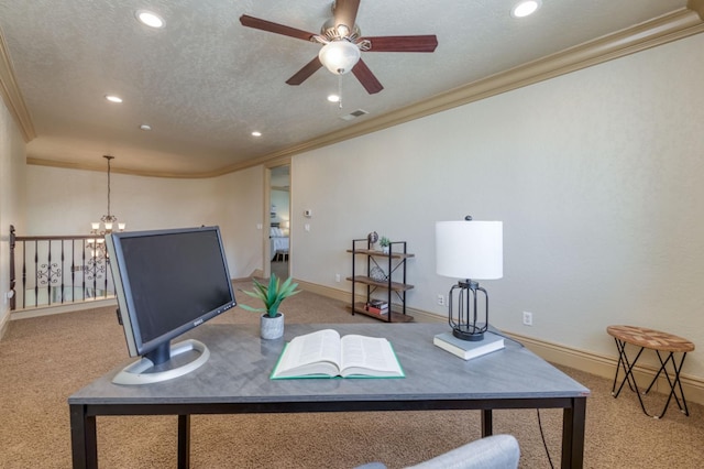 carpeted office space with a textured ceiling, ornamental molding, visible vents, and recessed lighting