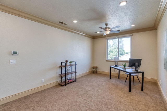 office featuring visible vents, ornamental molding, and light colored carpet