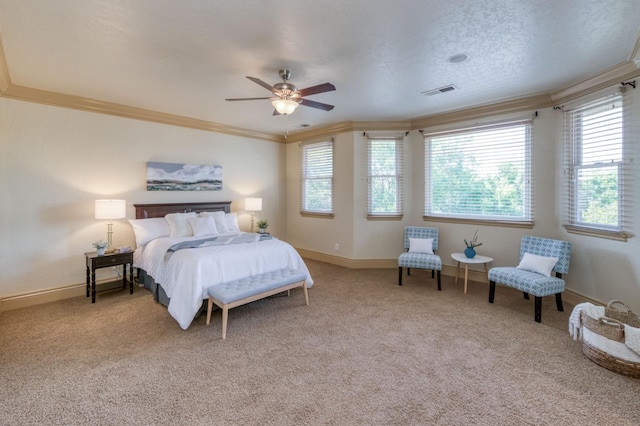 bedroom with light carpet, baseboards, multiple windows, and ornamental molding