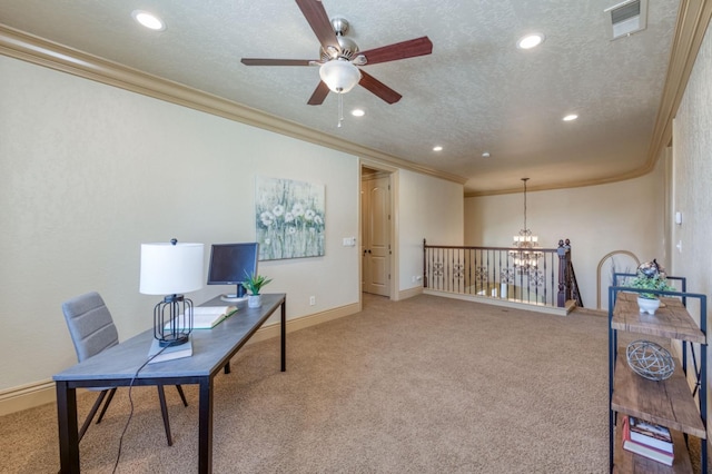 home office with visible vents, ornamental molding, a textured ceiling, carpet flooring, and recessed lighting