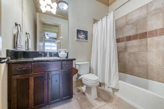 full bathroom featuring crown molding, vanity, toilet, and tile patterned floors