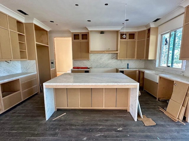 kitchen with open shelves, tasteful backsplash, dark wood finished floors, and a center island