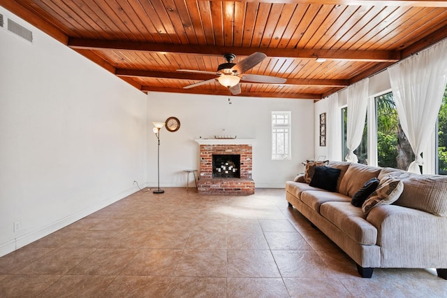 unfurnished living room with wooden ceiling, a fireplace, visible vents, and beamed ceiling