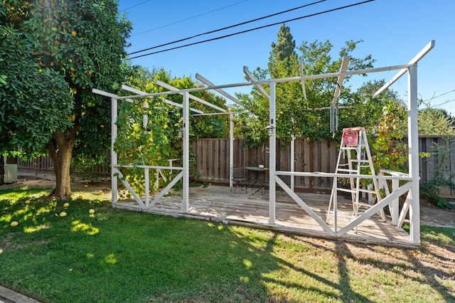 view of yard featuring a deck and fence