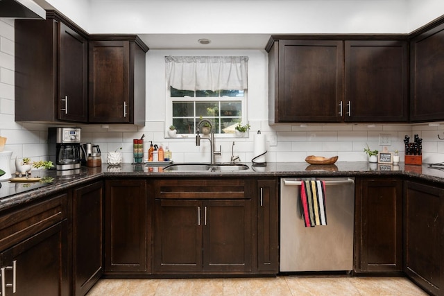 kitchen with dark stone countertops, a sink, decorative backsplash, and stainless steel dishwasher