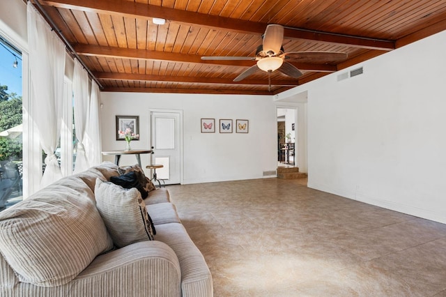 living room featuring visible vents, ceiling fan, wooden ceiling, beamed ceiling, and baseboards