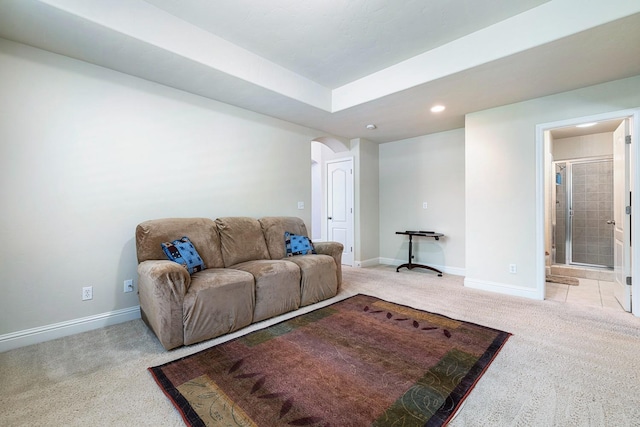 carpeted living room with baseboards and recessed lighting