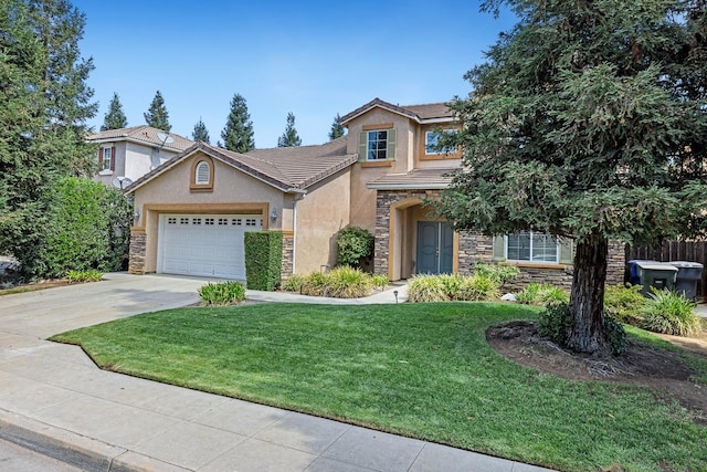 view of front of home featuring stucco siding, an attached garage, stone siding, driveway, and a front lawn