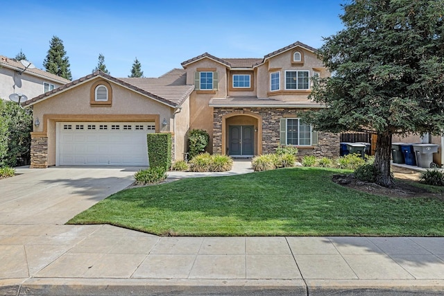 traditional home with stucco siding, concrete driveway, an attached garage, stone siding, and a front lawn