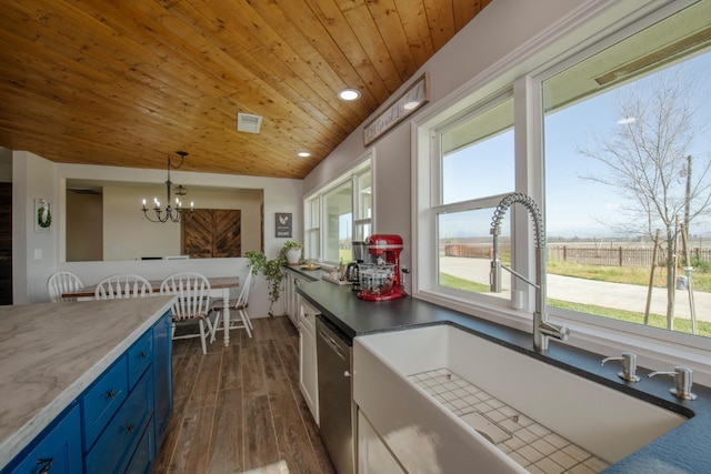 kitchen featuring wooden ceiling, a sink, dark wood-style floors, blue cabinetry, and dishwasher