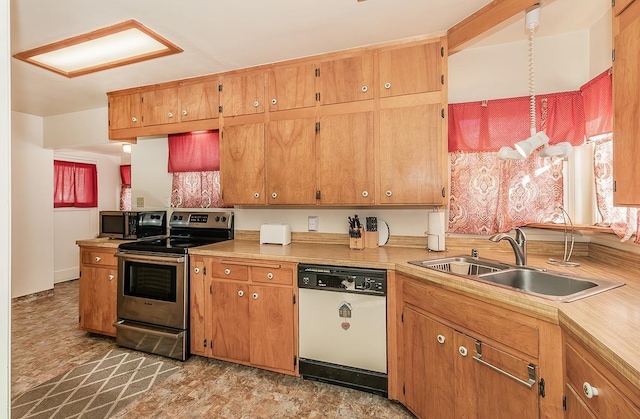 kitchen with white dishwasher, stainless steel electric stove, a sink, light countertops, and brown cabinets