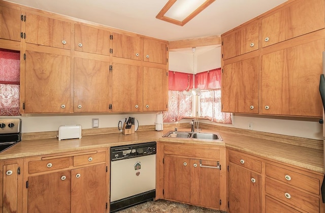 kitchen featuring electric range, white dishwasher, light countertops, and a sink