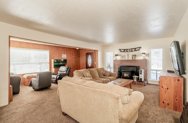 carpeted living area with a textured ceiling