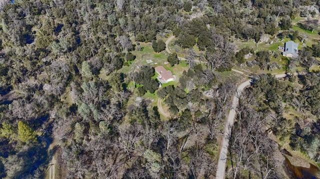 birds eye view of property featuring a wooded view