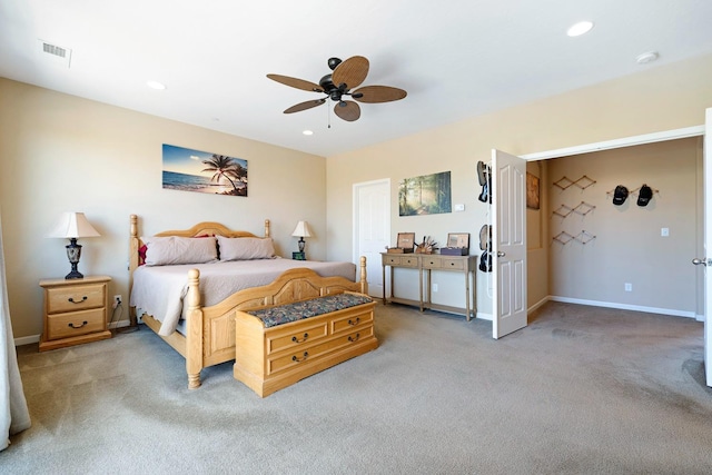 bedroom featuring recessed lighting, light colored carpet, visible vents, ceiling fan, and baseboards