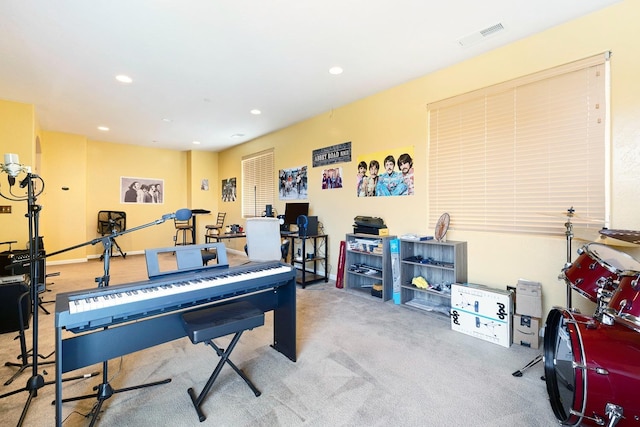 recreation room with recessed lighting, visible vents, and carpet flooring