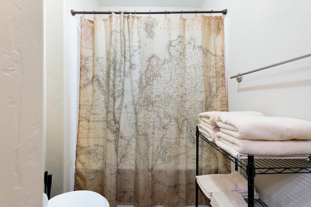 bathroom with a textured wall and toilet