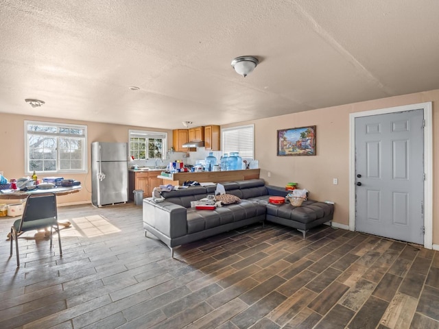 living area featuring wood tiled floor, baseboards, and a textured ceiling