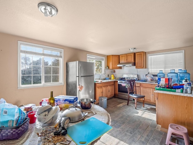 kitchen with under cabinet range hood, dark wood-style floors, stainless steel appliances, and light countertops