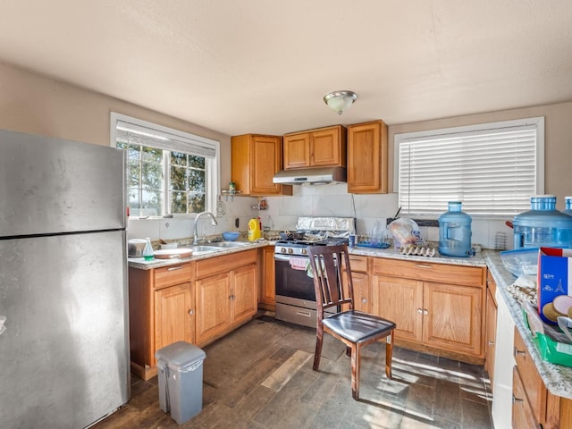 kitchen with appliances with stainless steel finishes, a sink, under cabinet range hood, and dark wood-style floors