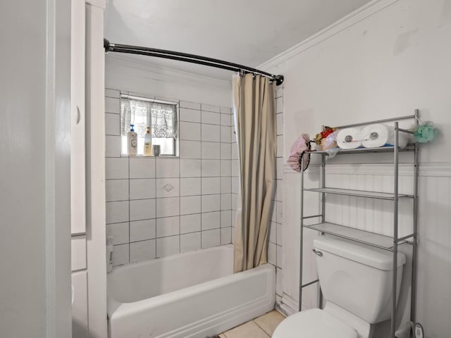 bathroom featuring ornamental molding, tile patterned flooring, shower / bathtub combination with curtain, and toilet