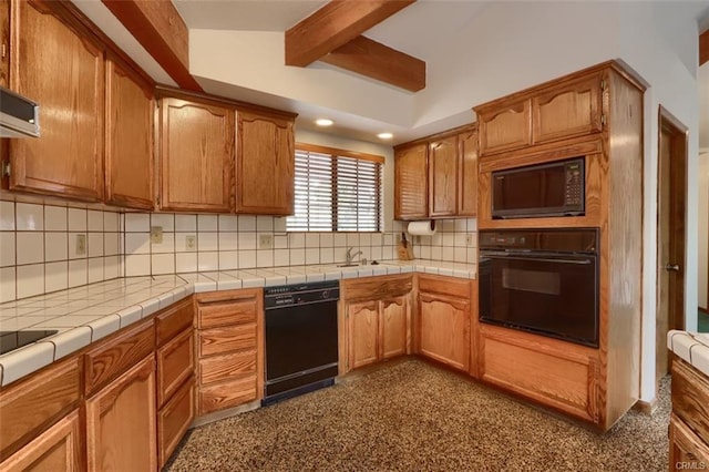 kitchen with brown cabinets, black appliances, lofted ceiling with beams, and decorative backsplash