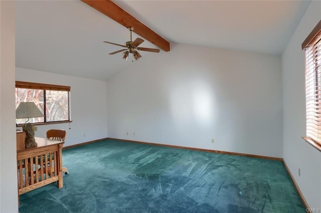 spare room with carpet floors, ceiling fan, lofted ceiling with beams, and baseboards