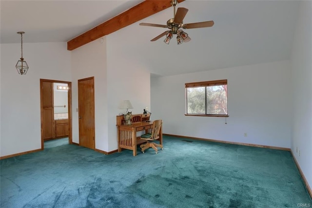 interior space with high vaulted ceiling, beam ceiling, carpet flooring, and baseboards