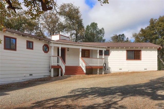 ranch-style home with crawl space, covered porch, and a chimney