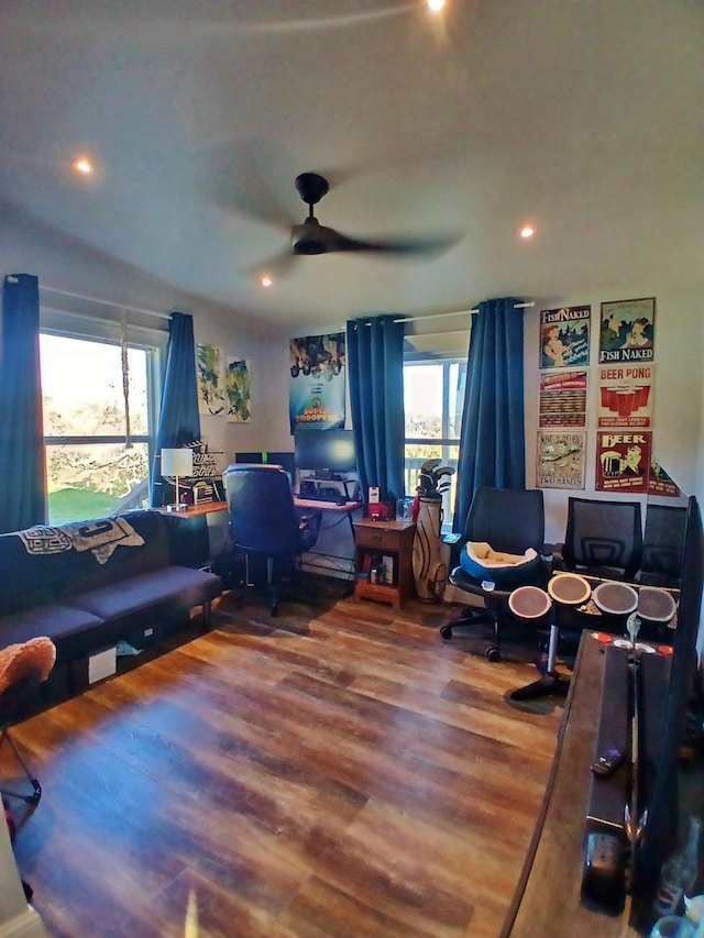 office area with recessed lighting, wood finished floors, a ceiling fan, and a healthy amount of sunlight