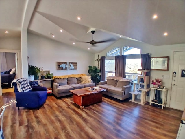 living room with a ceiling fan, recessed lighting, high vaulted ceiling, and wood finished floors