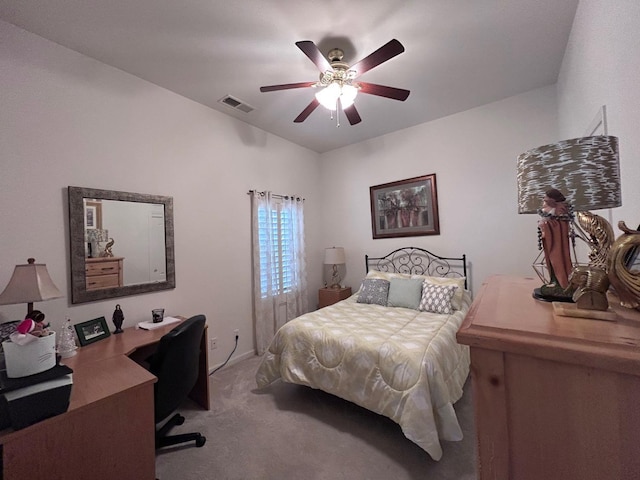 bedroom with ceiling fan, carpet flooring, and visible vents