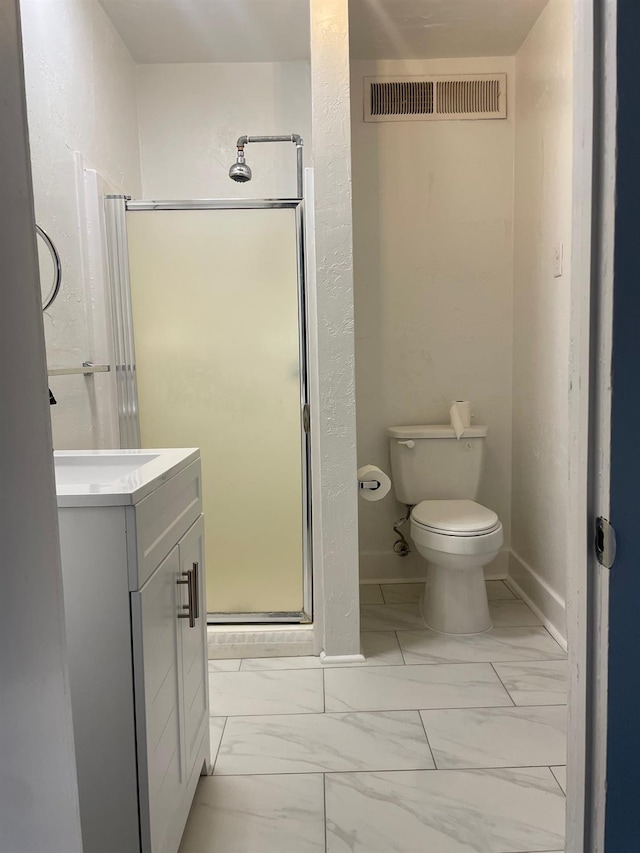 full bath with a stall shower, visible vents, toilet, marble finish floor, and vanity