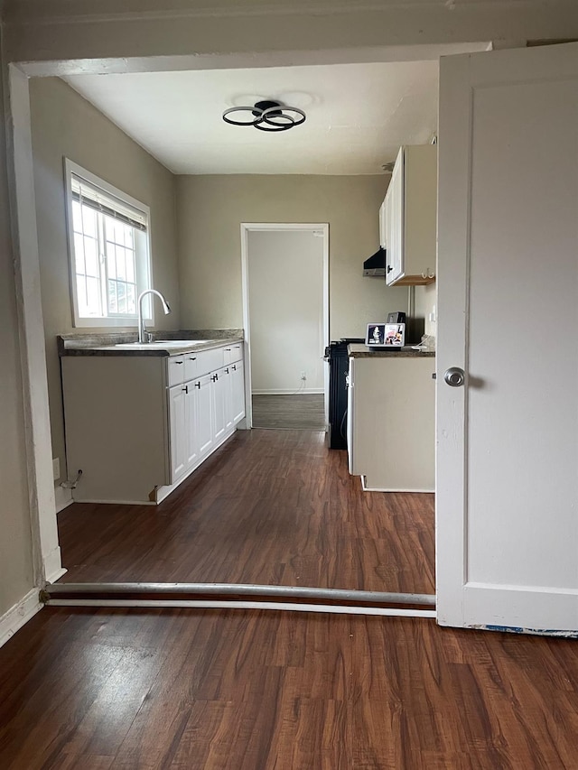 kitchen with dark wood-style flooring, white cabinets, a sink, and extractor fan