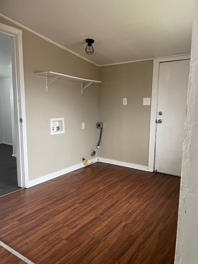 clothes washing area featuring washer hookup, laundry area, crown molding, and dark wood-style flooring