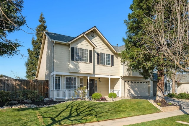 view of front facade with an attached garage, covered porch, fence, driveway, and a front lawn