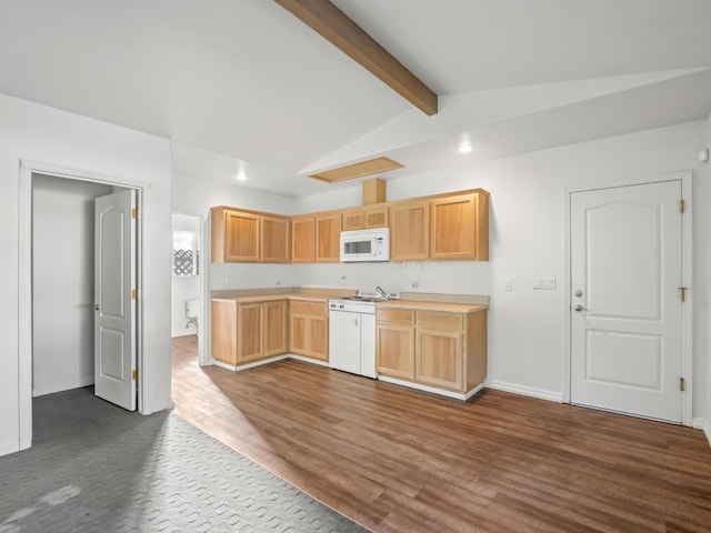 kitchen with lofted ceiling with beams, white microwave, dark wood-style floors, light countertops, and light brown cabinets