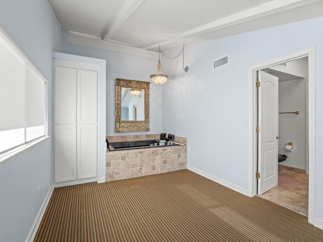 bathroom featuring lofted ceiling with beams, baseboards, and visible vents