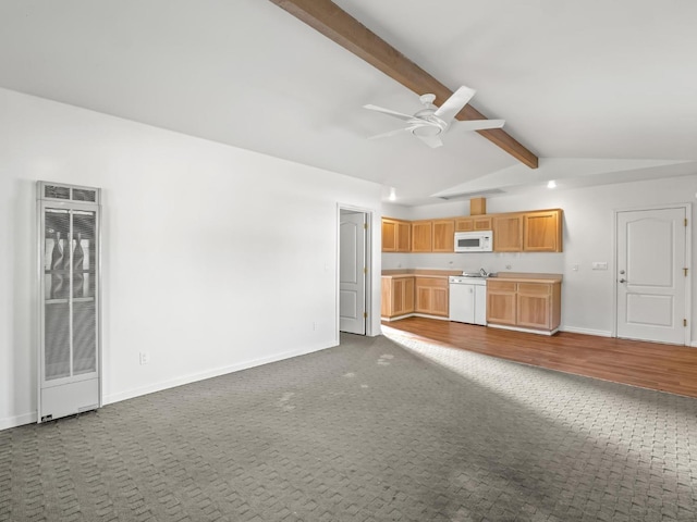 unfurnished living room with a ceiling fan, wine cooler, lofted ceiling with beams, and baseboards