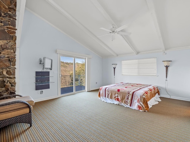 carpeted bedroom featuring lofted ceiling with beams, access to exterior, ceiling fan, and baseboards