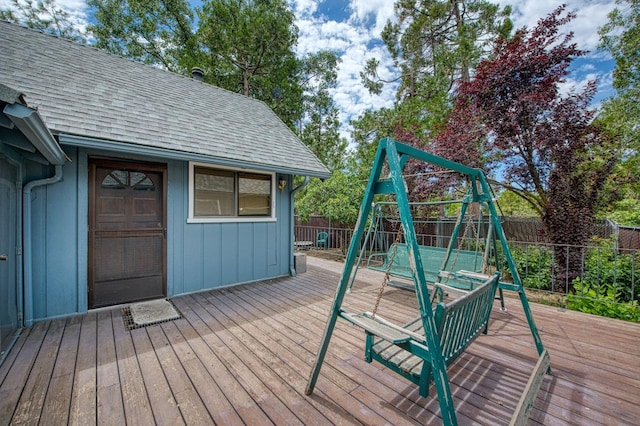 wooden deck with a fenced backyard