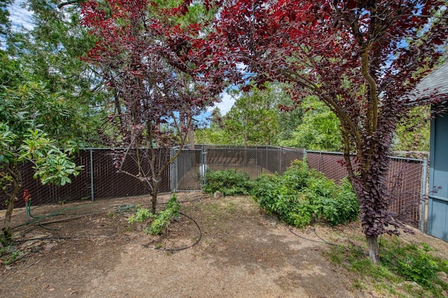 view of yard with a fenced backyard and a gate