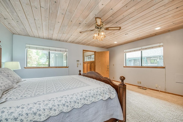 carpeted bedroom with wood ceiling, baseboards, ceiling fan, and recessed lighting