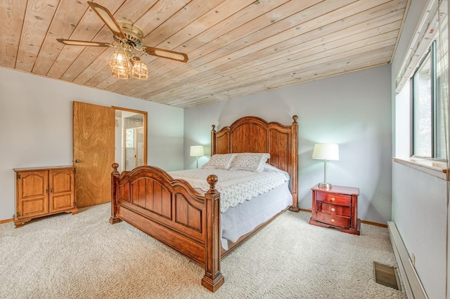 bedroom with a baseboard heating unit, wooden ceiling, baseboards, and light colored carpet