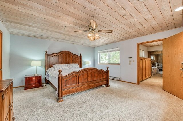 bedroom with wooden ceiling, baseboards, a baseboard heating unit, and light colored carpet