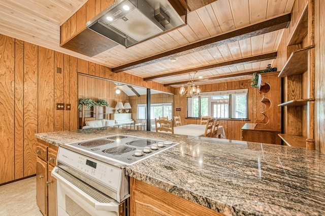 kitchen featuring wood walls, wood ceiling, white range with electric stovetop, and an inviting chandelier